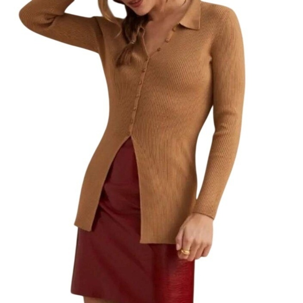 Maeve by Anthropologie Ribbed Polo Cardigan Sweater Camel Tan Long Sleeve Medium